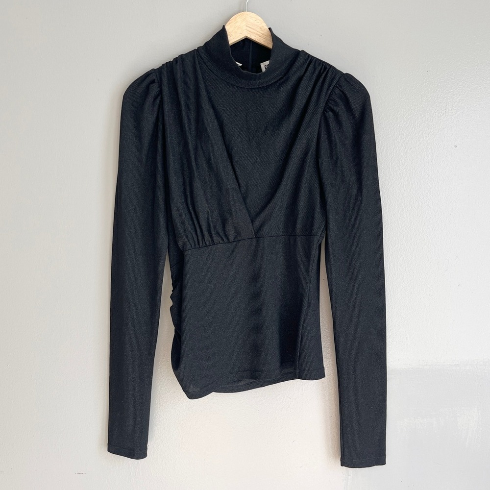 Essentiel Antwerp Espar‎ Black Metallic Ribbed Mock Neck Puff Sleeve Top Size 2